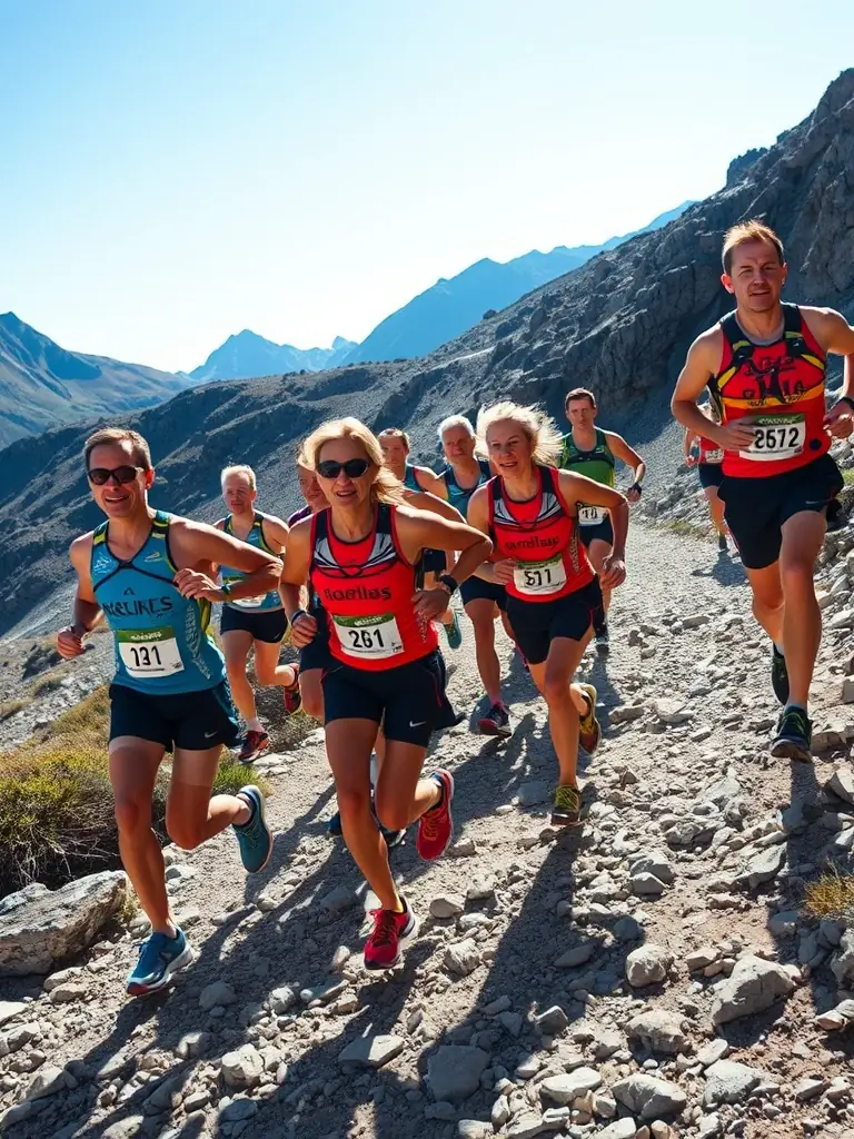 A group of trail runners participating in a race, captured from a low angle to emphasize the challenge and excitement of the event.