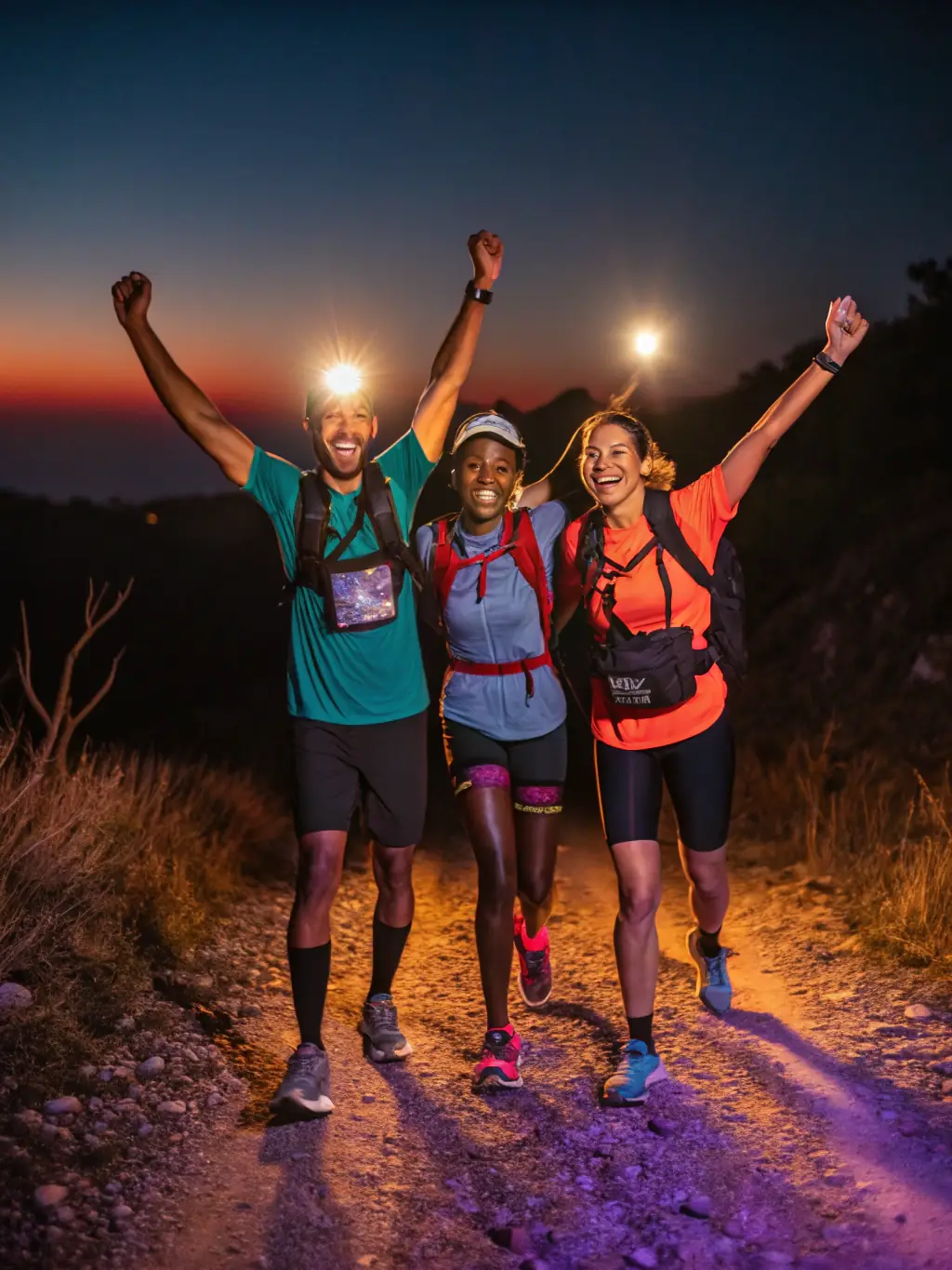 A vibrant image of participants celebrating at the finish line of a trail running event in Ariège, capturing the excitement and camaraderie of the competition.