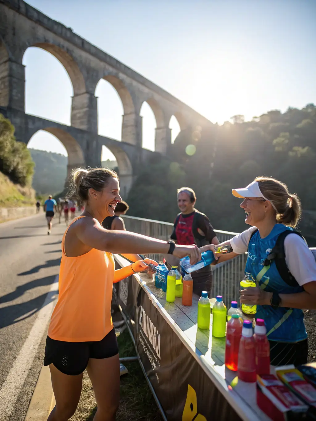 Volunteers assisting at a trail running event, showing support and providing necessary aid to participants.