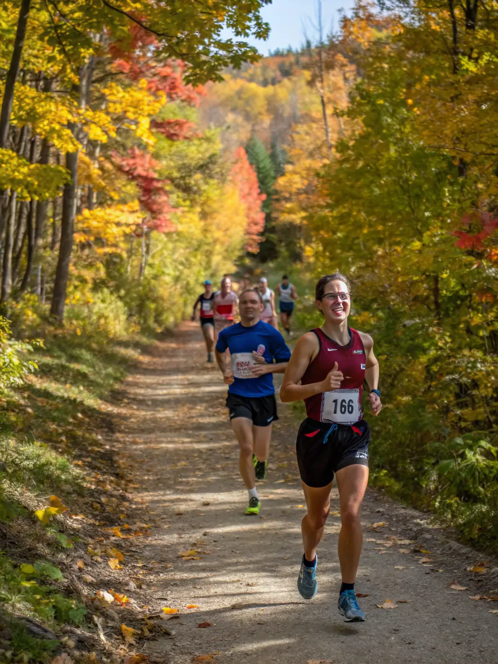 A workshop session where experienced trail runners are demonstrating techniques to beginners, set in a natural outdoor environment.